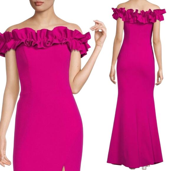 Xscape Ruffled Off Shoulder Gown Crepe High Leg Slit Maxi Dress Magenta Pink 2 - Picture 2 of 8